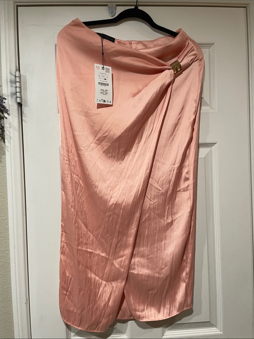 Zara Peach Satin Wrap Midi Skirt with Buckle